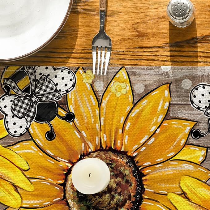 Artoid Mode Wood Sunflower Bee Flower Polka Dot Summer Table Runner, Seasonal Kitchen Dining Table Decoration for Home Party Decor 13x48 Inch