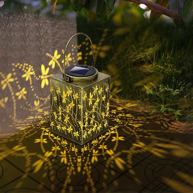 2 Pack Solar Lanterns - Waterproof Metal Hanging Solar Lights Outdoor Decorative, Solar Powered LED Lamp for Patio Tabletop Porch Deck Yard Garden Decor for Outside (Dragonfly)