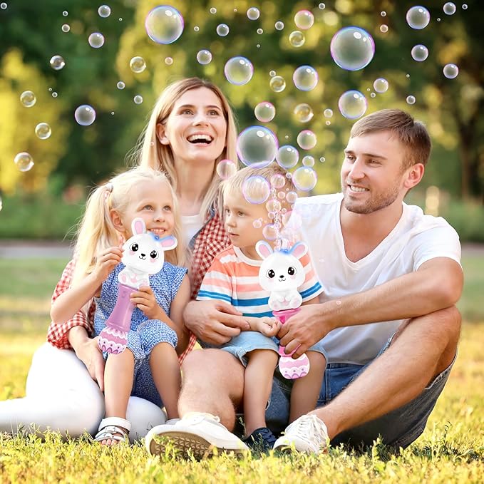 Shemira 2 Pack Bubble Wands for Kids, 11.2 inches Automatic Bubble Blower with Light, Bubbles Maker Toys with 4 Solution Sticker, Bunny Bubbles Wand for Girls, Summer Outdoor Indoor Activity