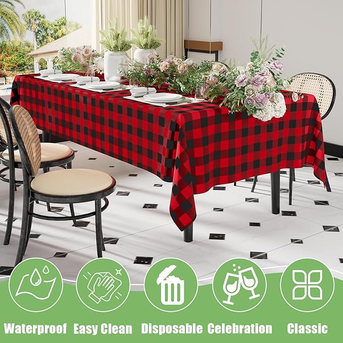 Smiry 10 Pack Gingham Disposable Table Cloth, 54 x 108 Inch Waterproof Plastic Tablecloth, Rectangle Black and Red Checkered Table Covers for Picnic, Birthday, Party