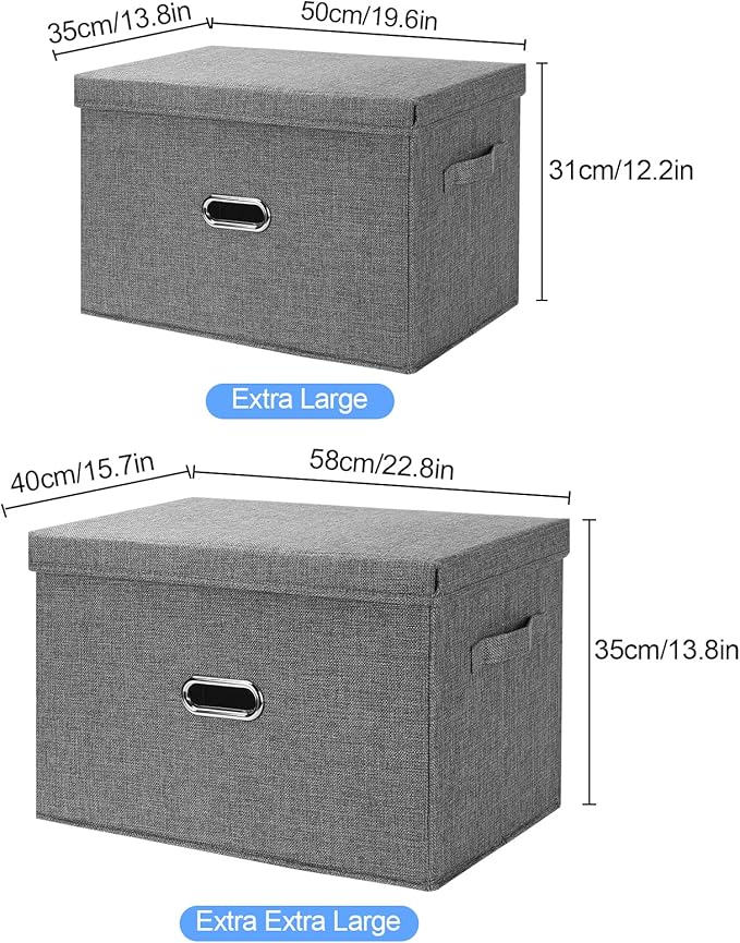 Large Linen Fabric Foldable Storage Bins with Removable Lid and Handles, Washable Storage Box Organizer Containers Baskets Cube with Cover for Bedroom,Office(Cream, XXL)