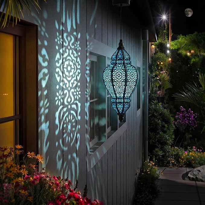 Moroccan Hanging Solar Lights Outdoor Lantern Bidirectional Availabili Garden Decor Waterproof Plastic Blue Decorations for Patio Pathway Yard Backyard Solar Powered Garden Decorative (Black, 1)