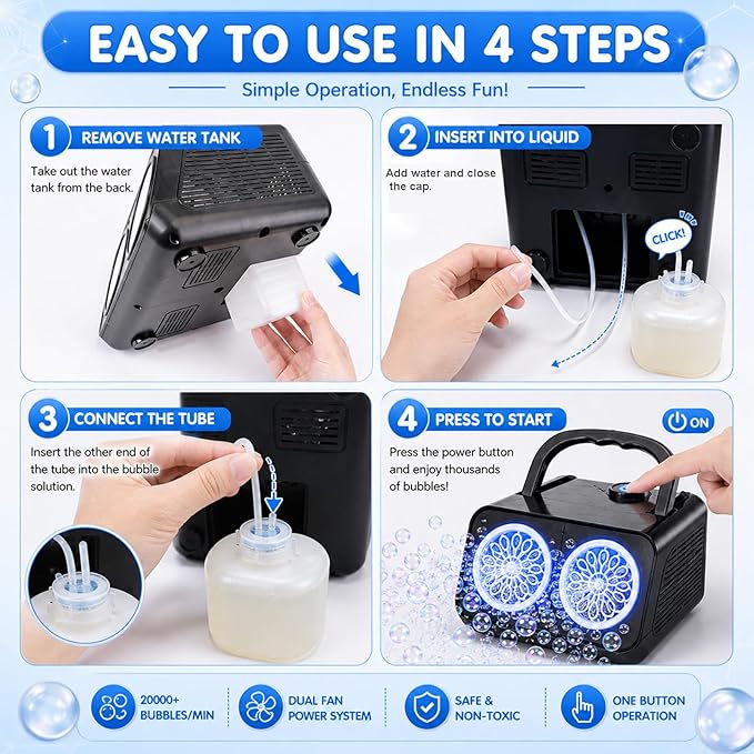 SHCKE Automatic Bubble Machine Upgrade Bubble Blower with 2 Fans,20000+ Bubbles Per Minute, USB-C or Battery Powered,Sealed Bottle, Portable Bubble Maker for Birthday Party Pool Wedding Outdoor