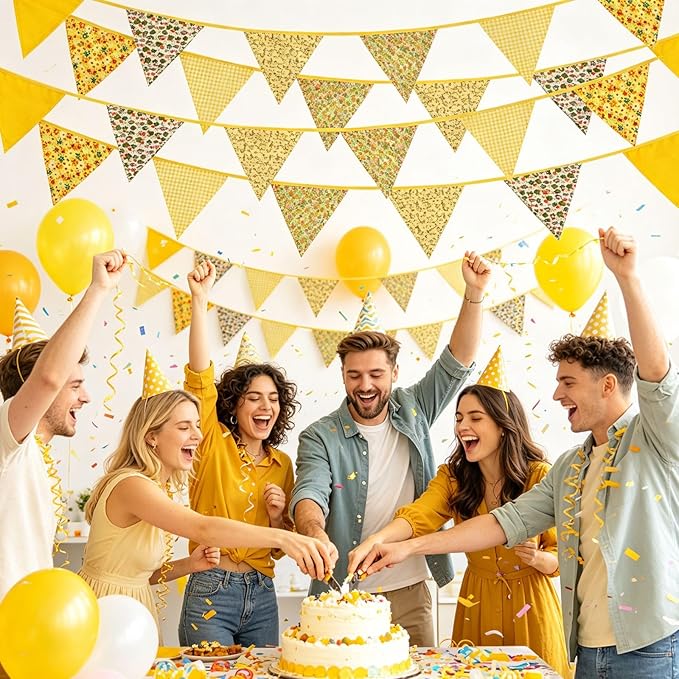 Zwiebeco 32Ft Yellow Fabric Floral Pennant Banner Bunting Cotton Flowers Triangle Flags Party Decorations for Birthday Wedding Engagement Bridal Baby Shower Rustic Village Sweet Home Garden Décor