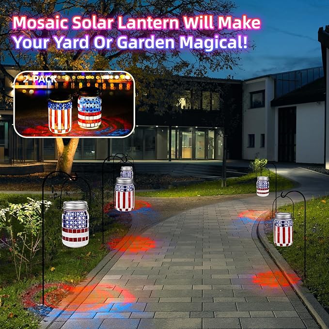 VOREEN Solar Powered Mosaic Mason Jar Lights, Colorful Stained Glass Lanterns for Outdoor Garden Decor, 2 Pack ,National Flag