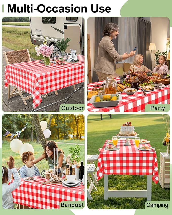 Smiry 12 Packs Gingham Disposable Table Cloth, 54 x 108 Inch Waterproof Plastic Tablecloth, Rectangle Red and White Checkered Table Covers for Picnic, Picnic, Birthday, Party