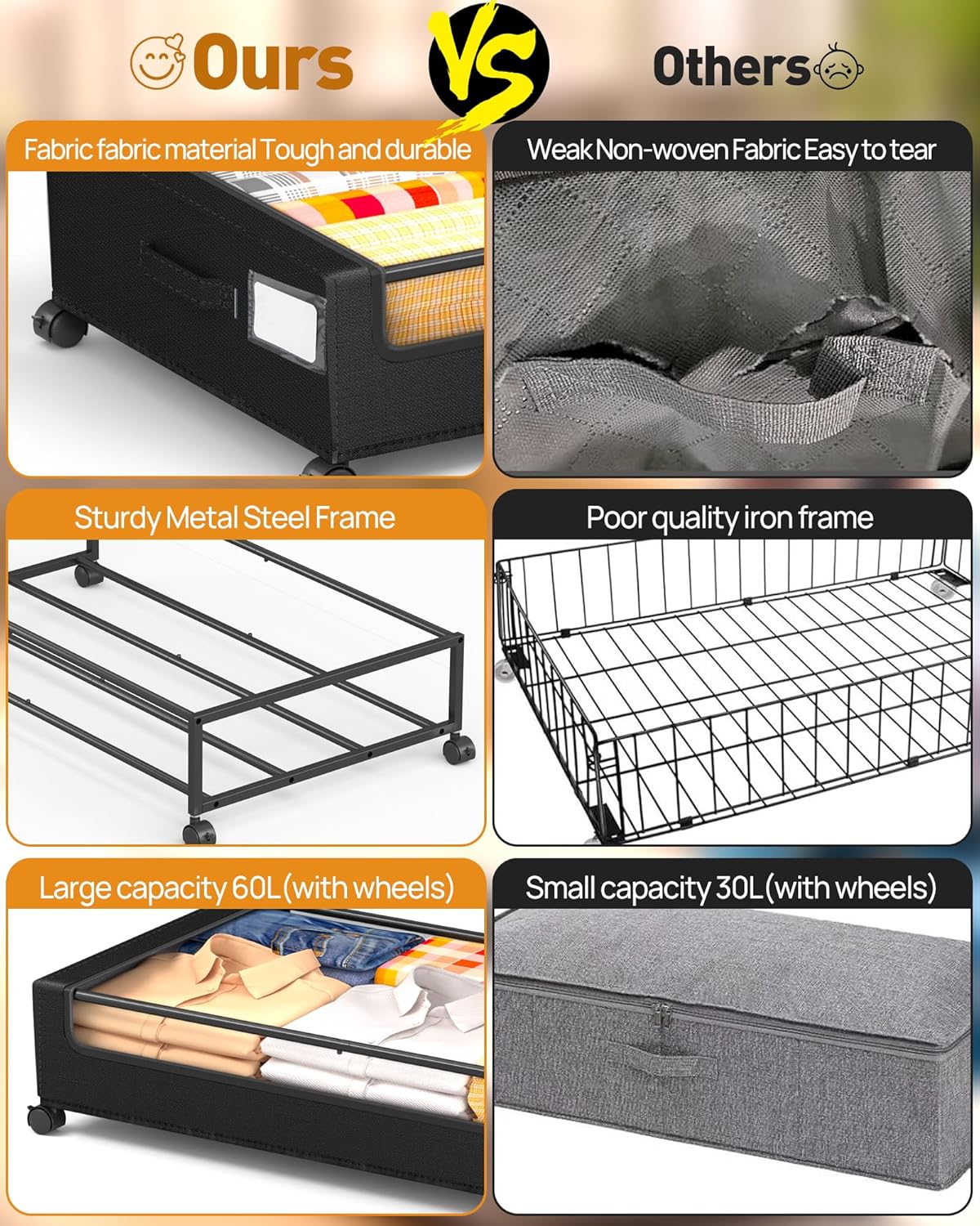 Under Bed Storage With Wheels, 2 Pack Square Containers, 60L Bins, Rolling Metal Drawer for Clothes, Blankets, Shoes