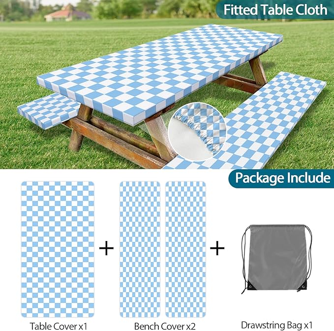 Picnic Table Cover with Bench Covers and Bag, Blue and White Checkered Gingham Buffalo Plaid Camping Tablecloth Waterproof Windproof Elastic Edges Fitted Tablecloths for Outdoor Garden 3PCS 30x60 Inch