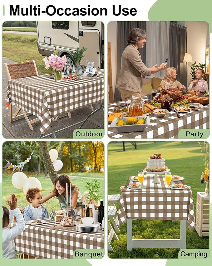 Smiry 12 Packs Gingham Disposable Table Cloth, 54 x 108 Inch Waterproof Plastic Tablecloth, Rectangle Brown and White Checkered Table Covers for Picnic, Birthday, Party