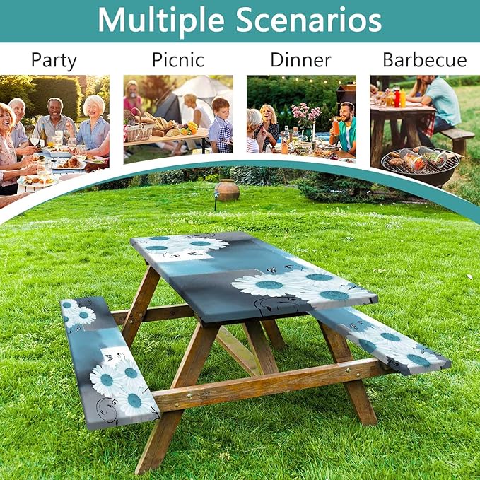 Picnic Table Cover with Bench Covers and Bag, Daisy Outdoor Waterproof Windproof Tablecloth with Elastic Edges. Camping Accessories RV Gear Campers Must Have 72x30 Inches 3 Pcs Set (Teal)