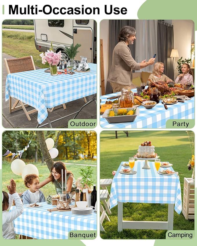 Smiry 8 Packs Gingham Disposable Table Cloth, 54 x 108 Inch Waterproof Plastic Tablecloth, Rectangle Baby Blue and White Checkered Table Covers for Picnic, Birthday, Party