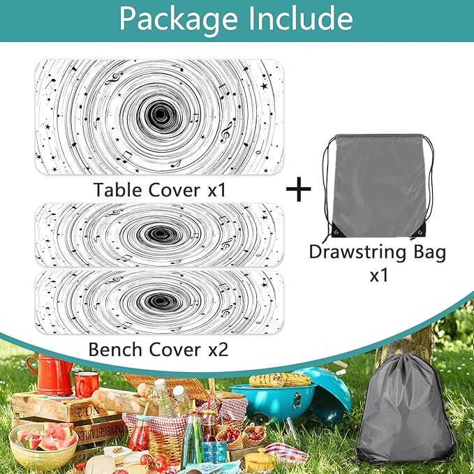 Picnic Table Cover with Bench Covers Camping Essentials Abstract Art Cosmic Vortex Pattern Waterproof Oilproof Fitted Camping Tablecloth Cover with Elastic Edge for Indoor Outdoor 3 PCS 30x72 Inch