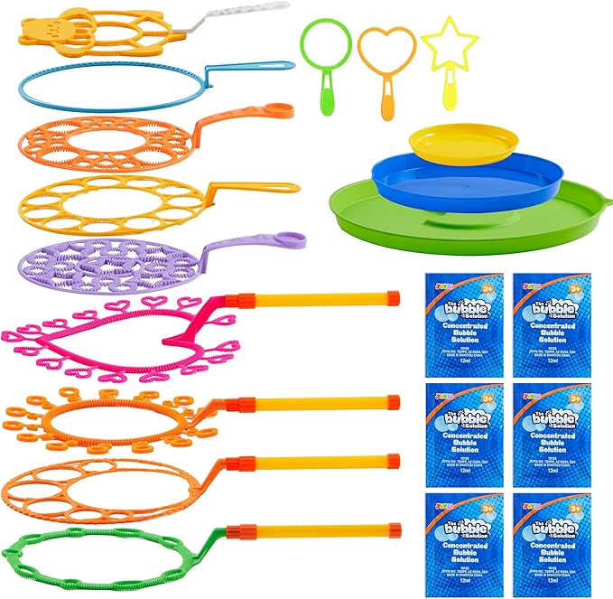 JOYIN Big Bubble Wands Set with with Tray, 21" Giant Bubble Wands Bulk for Kids, Summer, Outdoor Play Period & Birthday Party & Games, 6 Pcs Solution Suitable, Suitable for All Age People