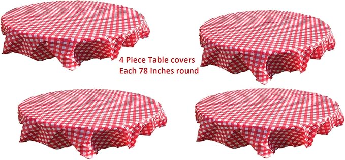 Oojami Pack of 4 Round Checkered Tablecloth - Red & White Plastic Disposable Table Covers for Parties and Events - 78" Diameter