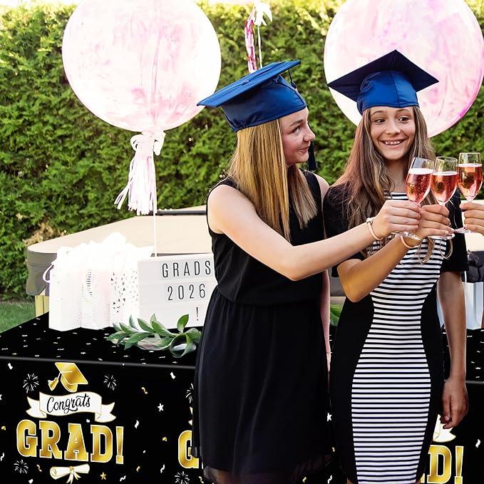 2Pack Graduation Decorations 2026, 108" X 54" Graduation Tablecloth, Blackgold Rectangle Class of 2026 Table Cloths, Disposable Plastic Congrats Grad Tablecover for Grad Party Favors Supplies for kids