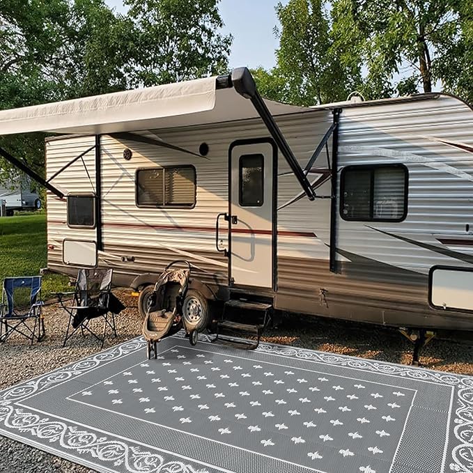 Pauwer Waterproof Outdoor Rug 6x9, Reversible Plastic Straw Patio Camping Rug, Indoor Outdoor RV Mat Carpet for Deck, Camper, Porch, Balcony, Backyard, Picnic, Bordered Grey