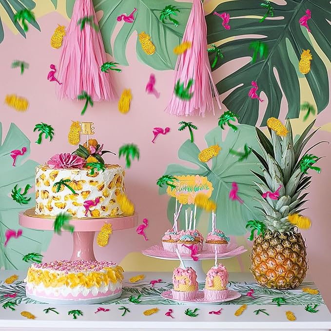 Werich Hawaiian Party Confetti Tropical Foil Table Scatter Decorations, Flamingo Pineapple Palm Tree Confetti for Luau, Beach, Summer, Birthday, Wedding, Aloha Theme Party Supplies