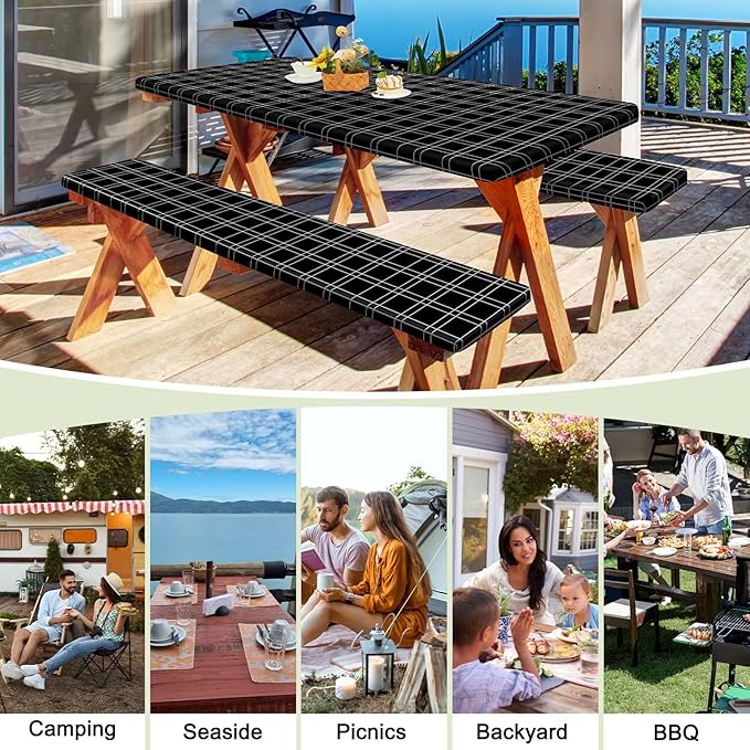 Picnic Table Cover with Bench Covers Portable Table Cloth Built-in Storage Pocket Fitted Tablecloth with Elastic Edges Waterproof Camping Essentials for Indoor Outdoor Rv,72in,Black