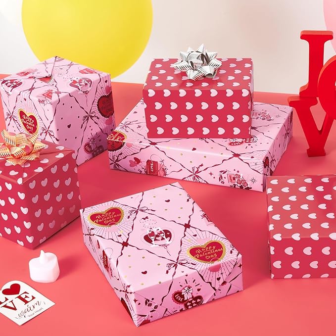 WERNNSAI Valentines Wrapping Paper Roll - 1 Roll 17’’ x 33ft Valentines Day Wrapping Paper Pink Red Heart Gift Packing Decorations for Men Women with Cutting Line Bridal Shower Wedding Supplies
