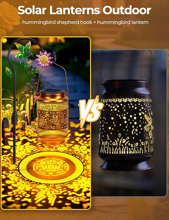 Mothers Day Gifts Hummingbird Solar Lantern Outdoor Waterproof with Shepherd Hook, Metal Hanging Hummingbird Garden Decor, Birthday Gifts for Women Mom Grandma Sister