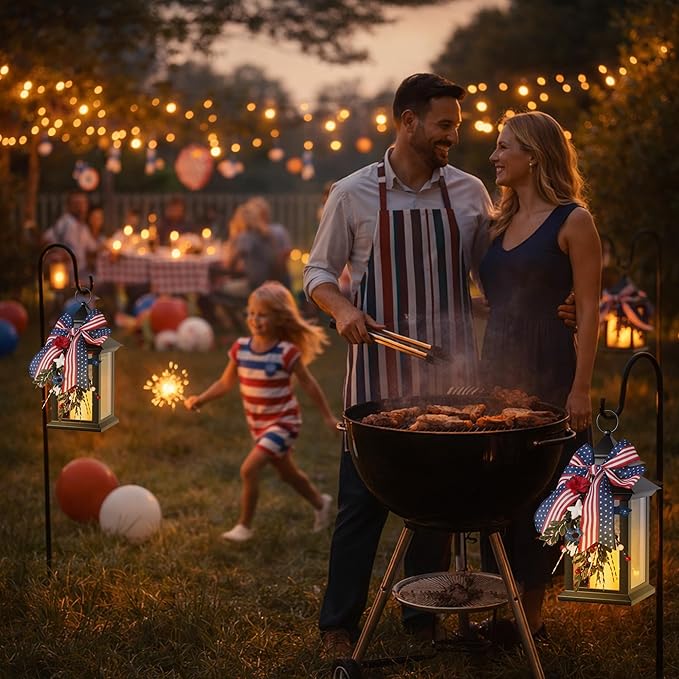 4th of July Lanterns Decorative Indoor, Black Lantern Decor with Timer Flameless Candle, Vintage Hanging Patriotic Lanterns, Independence Day Decorations for Home, Table, Porch, Patio, 1 Pack