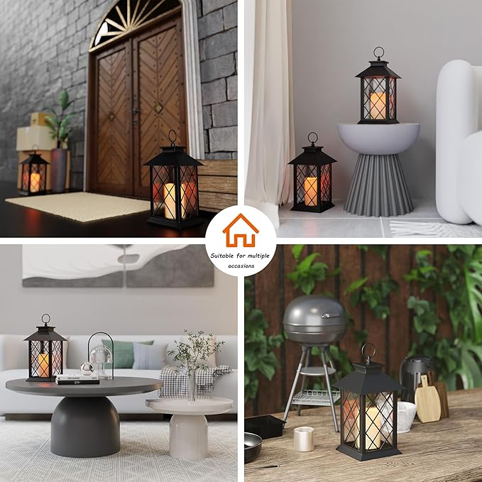 13.4" Lanterns Decorative Indoor, Black Lantern Decor with Timer Flickering Candle, Diamond-shaped Outdoor Lanterns, Waterproof Hanging Lantern for Patio, Porch, Entryway, Centerpieces, 1 Pack