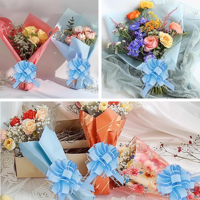 6pcs 7 Inch Pull Bows Pastel Blue Gift Wrap Bows for Gift Basket, Flower Wrapping, Christmas, Easter, Birthday, Baby Shower, Party Decorations