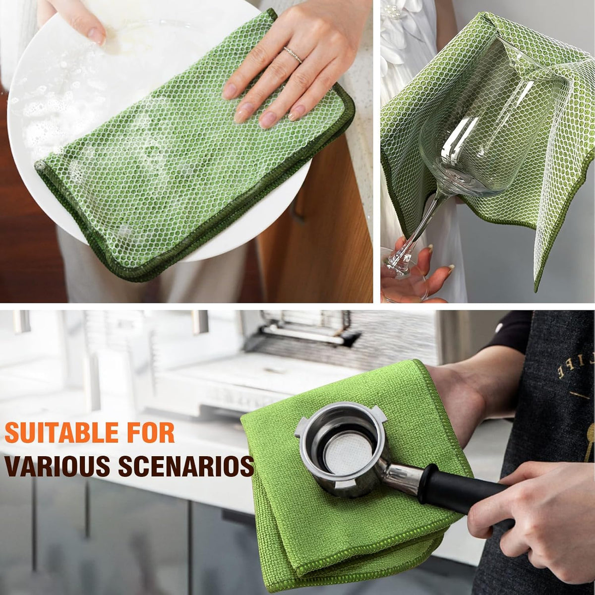 KinHwa Kitchen Washcloths for Dishes Absorbent Microfiber Dish Cloths Quick Dry Dish Rags with Poly Scour Scrub Side Ideal for Kitchen Cleaning (Green, 12inchx12inch 9 Pack)