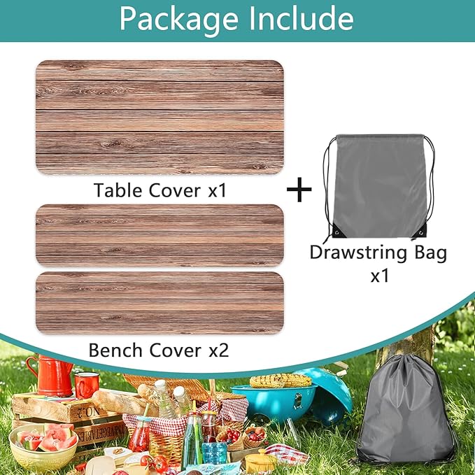 Picnic Table Cover with Bench Covers Camping Essentials Farmhouse Outdoor Table Covers Wood Grain Waterproof Windproof Fitted Tablecloth Cover with Elastic Edge for Indoor & Outdoor 3 PCS 30x96 Inch