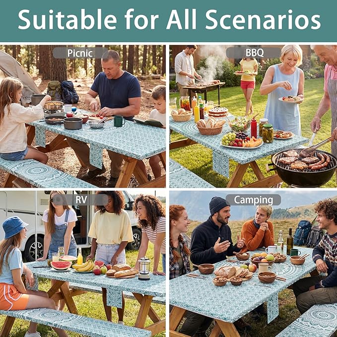 Fitted 6Ft Picnic Table Cover with Chair Covers Elastic Polyester Stain Resistant Reusable Camping Table Cloth Patio Glamping Equipment Hiking Rv Outdoor Necessities Gifts for Grandma Grandpa