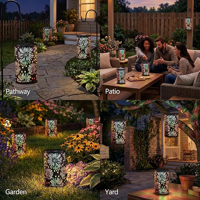 Brizled Solar Lantern Outdoor, July 4th Firework Lanterns Colorful, Waterproof LED Solar Tabletop Lamp, 2 Pack Hanging Solar Garden Lanterns, Metal Garden Pathway Lighting for Patio Path Porch Balcony