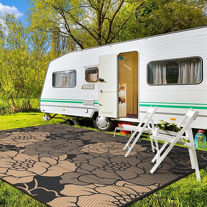 GENIMO Outdoor Rug Waterproof for Patio Decor, 9' x 12' Reversible Plastic Straw Floral Camping Carpet, Large Area Rugs Mats for RV, Camper, Deck, Balcony, Porch, Beach, Picnic, Mix-Black & Brown