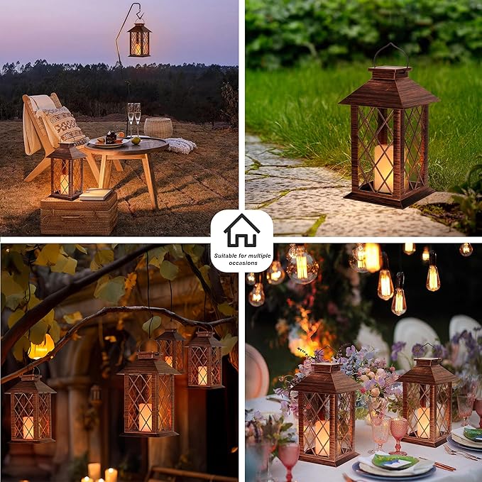 Solar Lanterns Outdoor, Waterproof Garden Hanging Lanterns,13" Outdoor Decorative Lantern with LED Flickering Flameless Candles, Vintage Lantern for Porch, Yard,Patio Decor