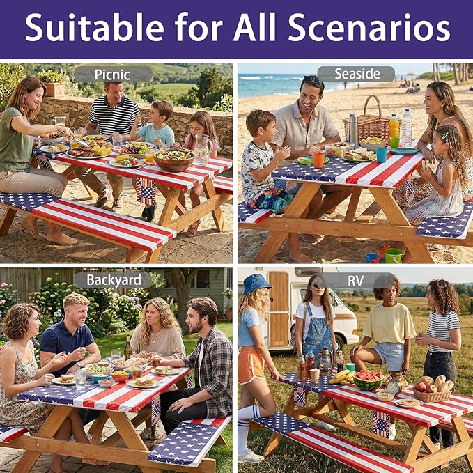 Picnic Table Cover with Bench Covers Fitted Elastic Non Slip Water Resistant Camping Tablecloths for 6 Foot Rectangular Tables Travel Trailer Gadgets Summer Garden Supplies Gifts for Couples