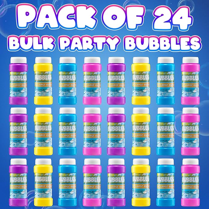 Party Bubbles for Kids - (Bulk Pack of 24) 2-oz Bubbles Bulk Solution with Bubble Wands Assorted Neon Colors for Outdoor Toys Summer Games, Birthday Party Favors, & Goodie Bags Stuffers