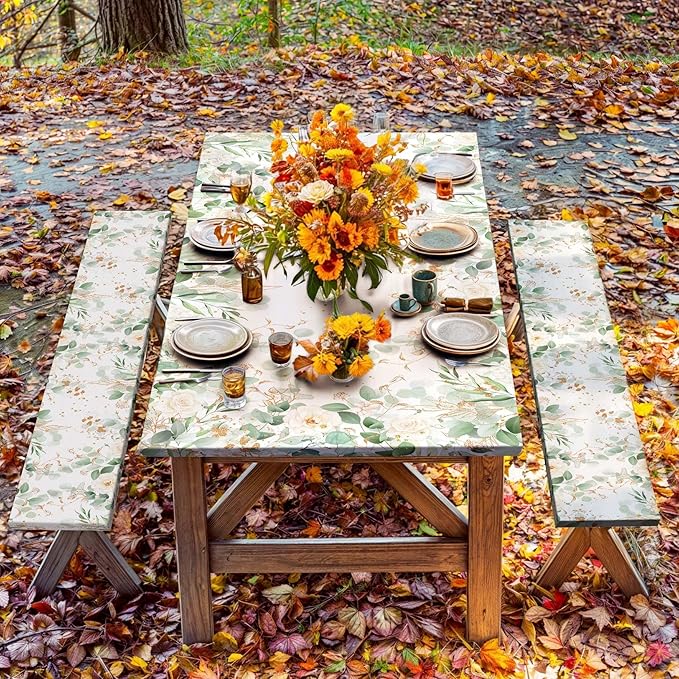 Picnic Table Cover with Bench Covers and Bag, Outdoor Waterproof Windproof Tablecloth with Elastic Edges, Camping Accessories RV Gear Campers 60x30 Inches 3 Pcs Set, Sage Green Eucalyptus Leaves