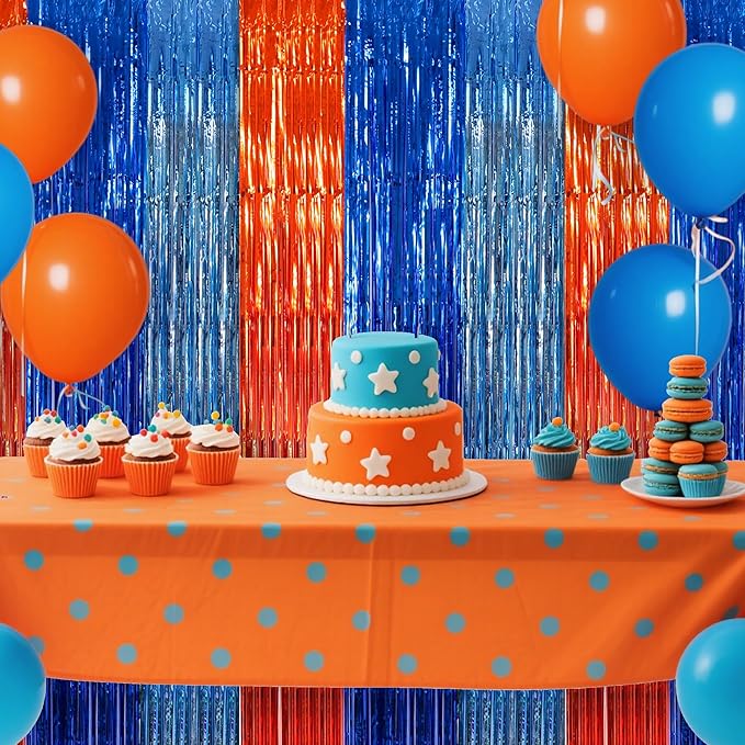 BEISHIDA 3Pcs Orange Blue Door Streamer Backdrop Foil Fringe Tinsel Curtains Backdrops for Bluey Birthday Decorations Blue Dog Party Supplies (3.28 ft x 6.56 ft)