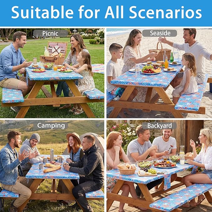 Picnic Table Cover with Bench Covers 8 Feet Water Proof Camping Table Clothes with Elastic Edge Hiking Rv Patio Equipment for Outside Car Travel Trips Gadgets Gift for Teenager Brother Sisters