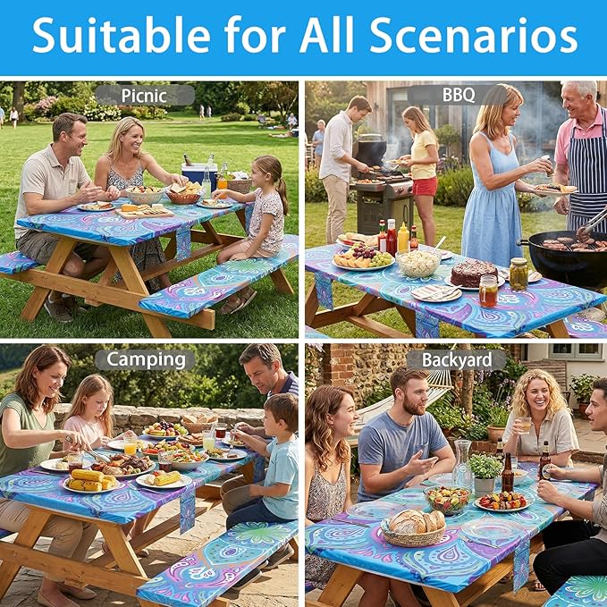 Picnic Table Cover with Bench Covers Fitted Waterproof Camping Tablecloth with Elastic for 6 Foot Rectangle Tables Outdoor Travel Rv Essentials Summer Vacation Accessories Gifts for Men Women