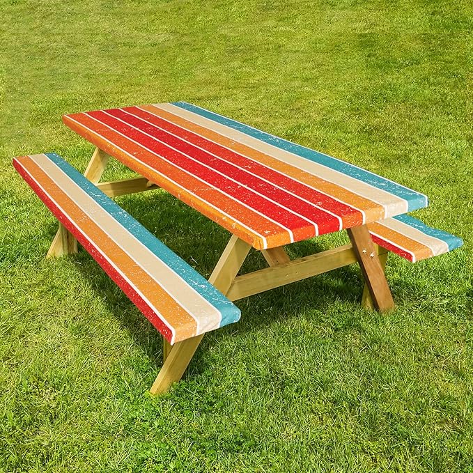 Picnic Table Cover with Bench Covers Camping Essentials Outdoor Reusable Waterproof Tablecloth with Storage Bag, Fitted Rectangle Tables and Seats, 96in, Orange Blue Rainbow