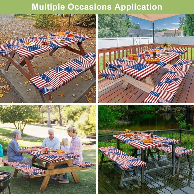 Picnic Table Cover with Bench Covers Camping Essentials Waterproof Windproof Camping Tablecloth with Drawstring Bag, Fitted Rectangle Tables and Seats, 60in, Red Blue White