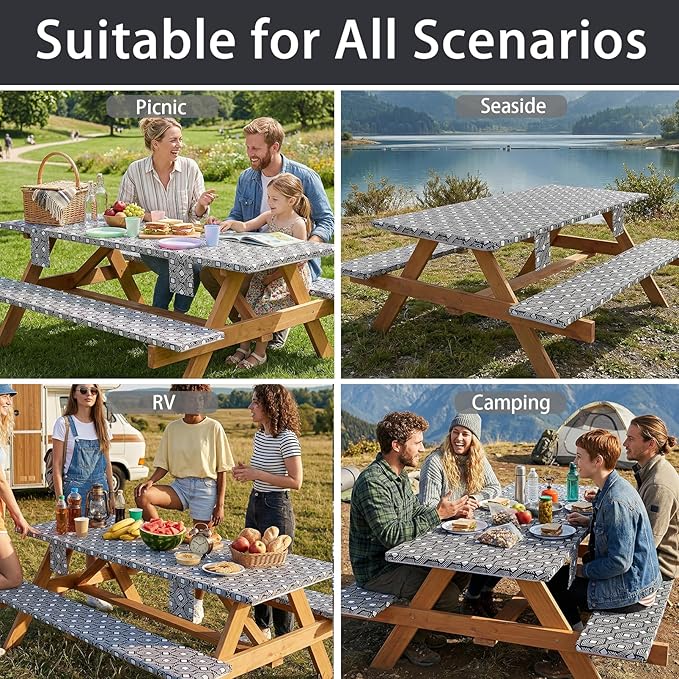 Picnic Table Cover with Bench Covers Elastic Waterproof Vinyl Tablecloth for 6 Foot Rectangle Tables Camping Rv Roadtrip Hiking Car Items for Tent Campers Gift for Teenage Boys Girls Sister