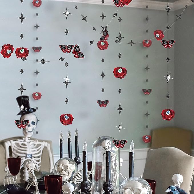 Cheerland Gothic Valentines Day Decorations Red Rose Goth Birthday Party Blood Butterfly Garland for Dark Garden Vampire Parties Romantic Floral Decor Elegant Horror Theme Dark Bride or Die Halloween