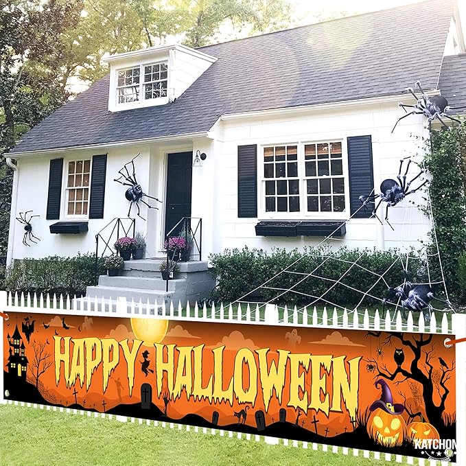 Katchon, Happy Halloween Banners For Outside-120x20 Inch Orange And Black Yard Sign | Halloween Decorations Outdoor Banner | Summerween Party Decorations | Happy halloween Banner