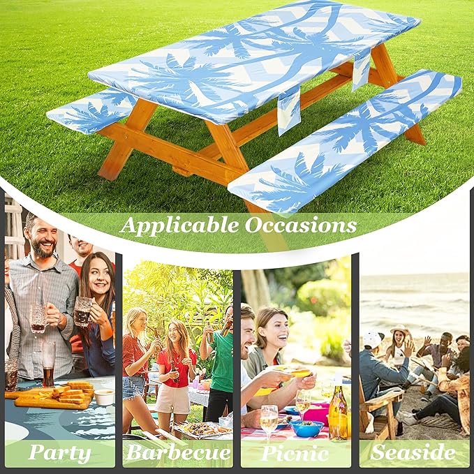 Fitted Picnic Table Cover with Bench Covers, Windproof Vinyl Table Cloths Outside Camping Cooking Backyard Furniture Seat Cushion Tablecloth Activities Party Decor Decorations Para Acampar Equipment