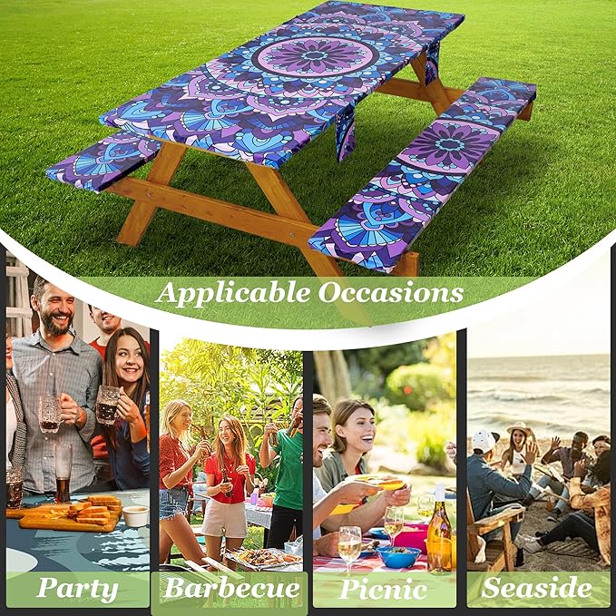 Picnic Table Cover with Bench Covers Vinyl Elastic Edges Fitted Rectangle Tables Seat Waterproof 3-Piece 96X30in Set Outdoor Rectangular Folding Backing Tablecloth Camping Over Size Mandala