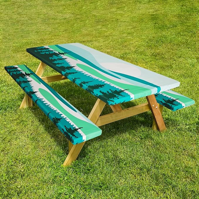 Picnic Table Cover with Bench Covers Camping Essentials Outdoor Reusable Waterproof Tablecloth with Storage Bag, Fitted Rectangle Tables and Seats, 72in, Green Landscape