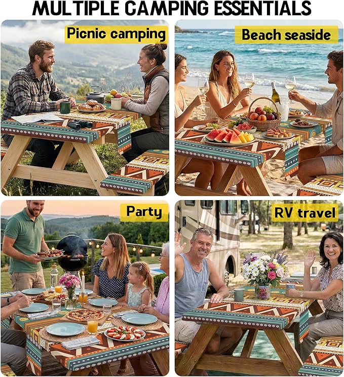 Fitted Picnic Table Cover with Bench Covers Fitted Rectangle Table Cloth Tablecloth Camping Gear Essentials Rv Accessories Road Trip Supplies Car Travel Must Have 6 Ft Foot Feet 72in Bohemian Boho
