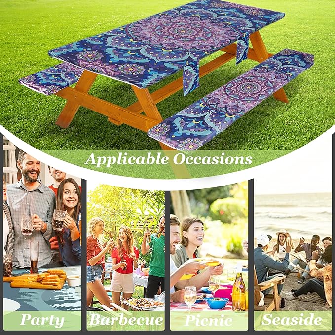 Fitted Picnic Table Cover with Bench Covers Waterproof Elastic Edges Rectangle Patio Tablecloth Outdoor Camping Essentials Stuff Rv Accessories Summer Trip Travel Camper Gifts for Woman Men, 72in 6 ft