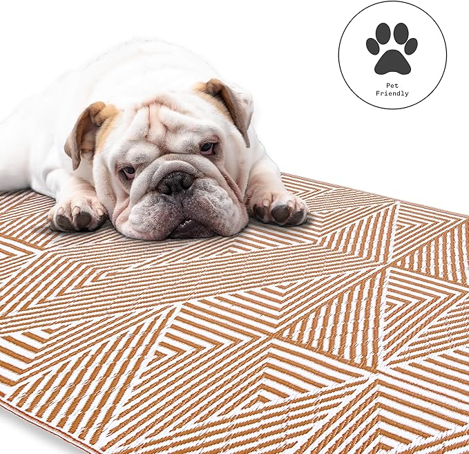 Fab Habitat Outdoor Rug - Waterproof, Fade Resistant, Crease-Free - Premium Recycled Plastic - Modern Geometric - Patio, Deck, Porch, Balcony, Laundry Room - Tokyo - Burnt Orange - 4 x 6 ft